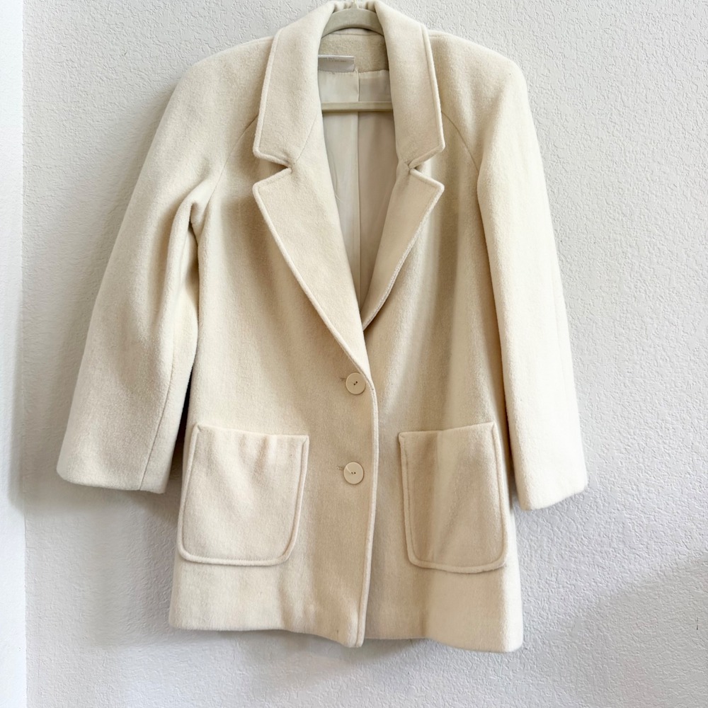 Vintage Wool Blend Cream Car Coat Made in USA 6P Notched Lapel Patch Pockets